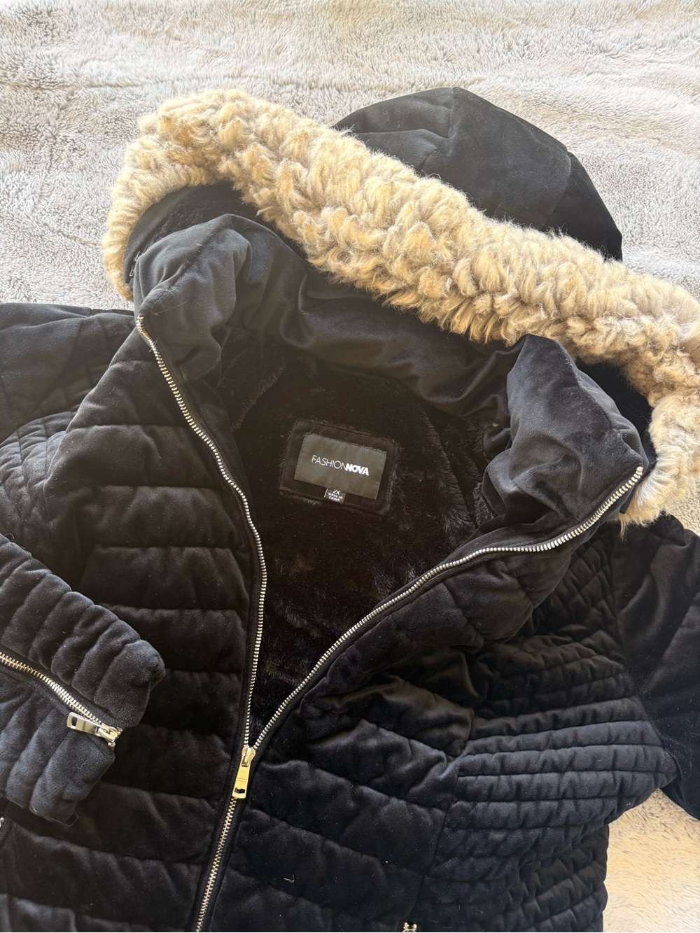 Fashion Nova Men's Black Quilted Puffer Jacket with Faux Fur Hood Trim